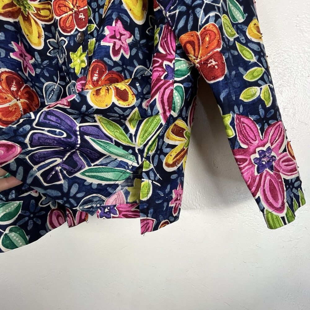 Chico’s Design 100% Silk Slub Floral Beaded Jacket Blue Multicolor Size 1 - Picture 9 of 11